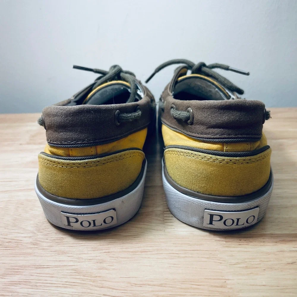 Polo Ralph Lauren Mens Lander P Yellow Canvas Boat Shoes 9D Brown Trim